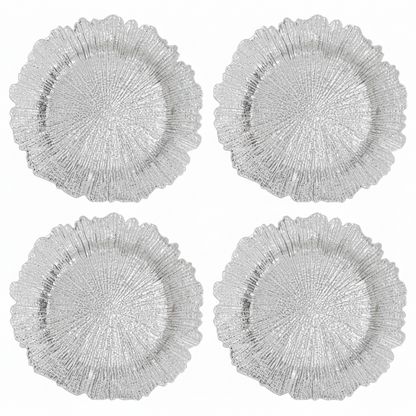 Set of Four 33cm Dia Silver Finish Reef Charger Plates