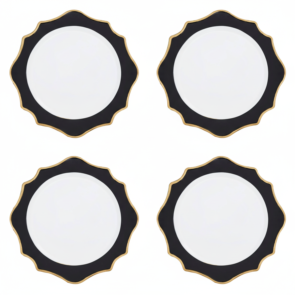 Set of 4 33cm Dia White and Black Round Charger Plates