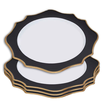 Set of 4 33cm Dia White and Black Round Charger Plates
