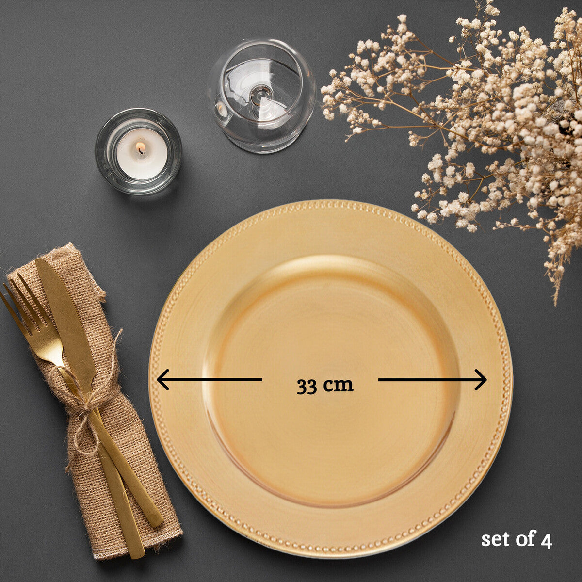 Set of 4 33cm Dia Gold Finish Dotted Charger Plates