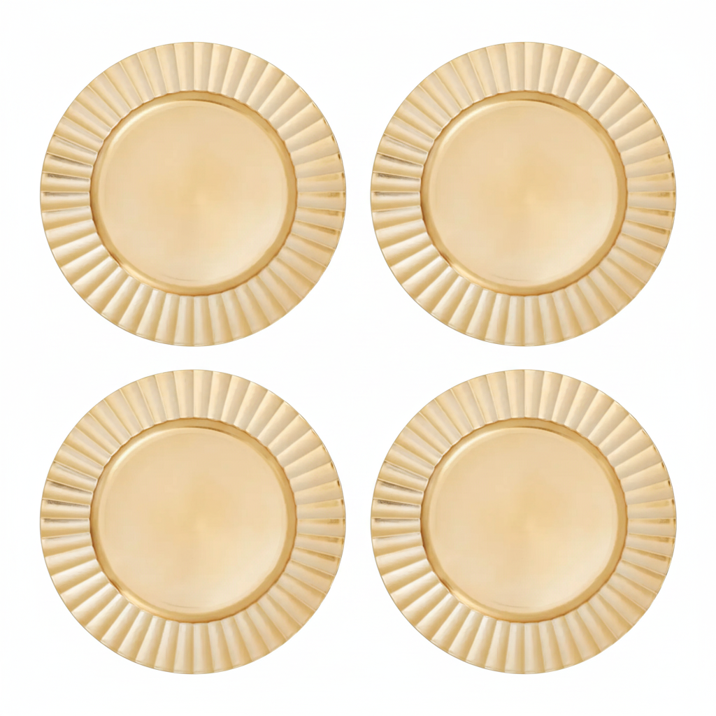 Set of Four 33cm Dia Gold Finish Wave Rim Charger Plates