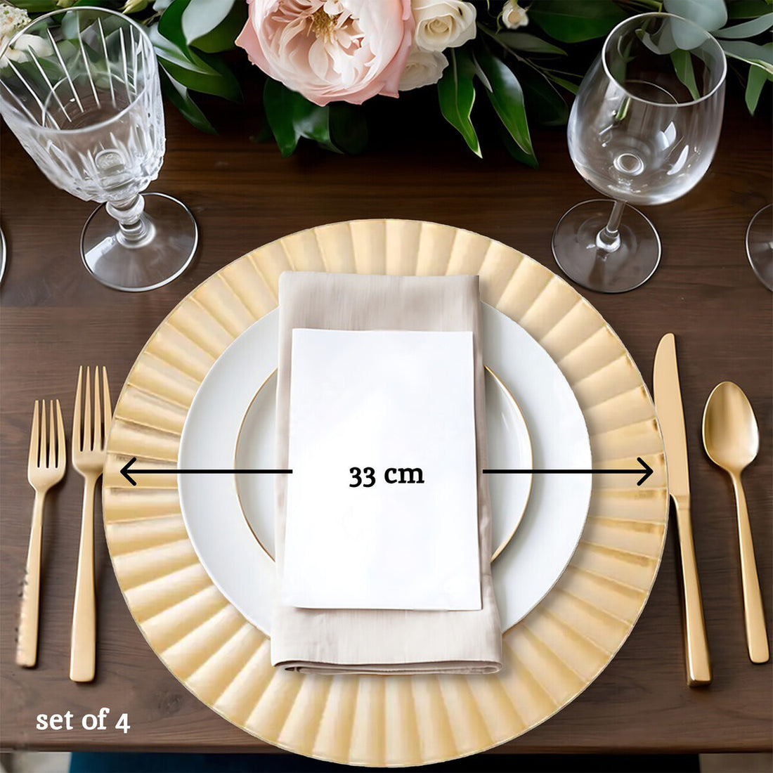 Set of Four 33cm Dia Gold Finish Wave Rim Charger Plates - Image 7