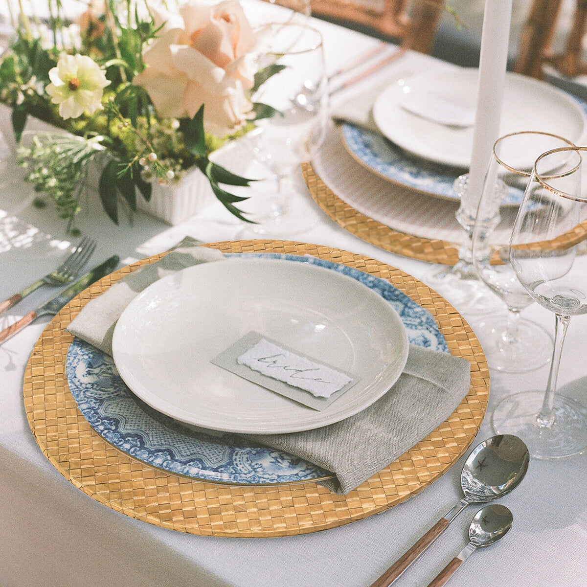 Set of Four 33cm Dia Pandanus Natural Charger Plates