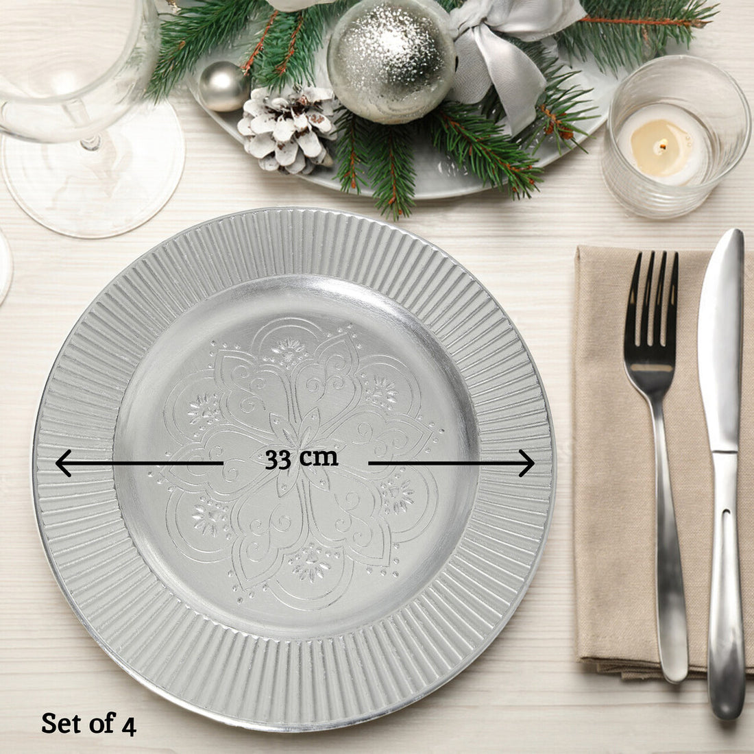 Set of Four 33cm Dia Redbud Silver Charger Plates - Image 7