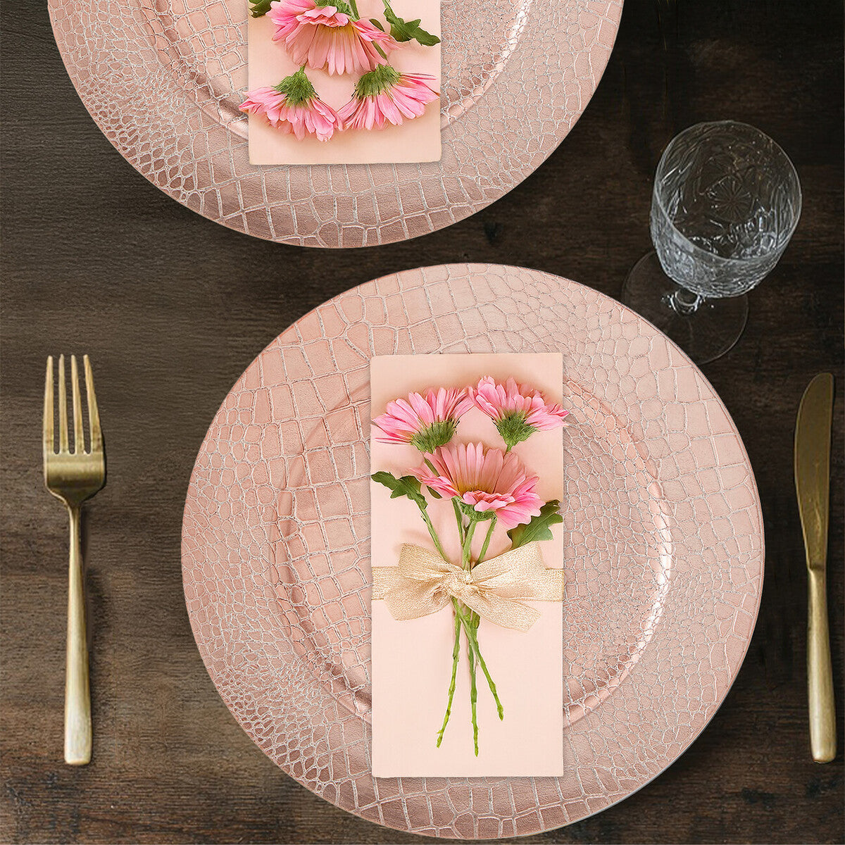 Set of Four 33cm Dia Rose Gold Crocodile Effect Charger Plates