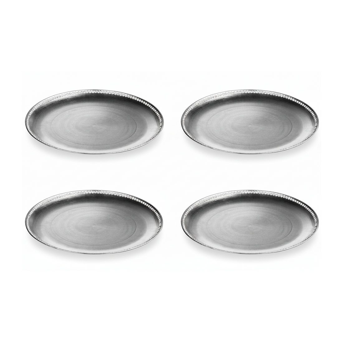 Set of Four 33cm Dia Flat Style Silver Decorative Charger Plates