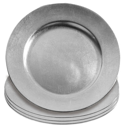 Set of Four 33cm Dia Flat Style Silver Decorative Charger Plates