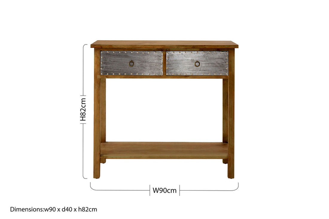 Natural Wood Grain Console Table with Aluminium Detailing Two Drawers and Open Shelf Storage, Shoreditch