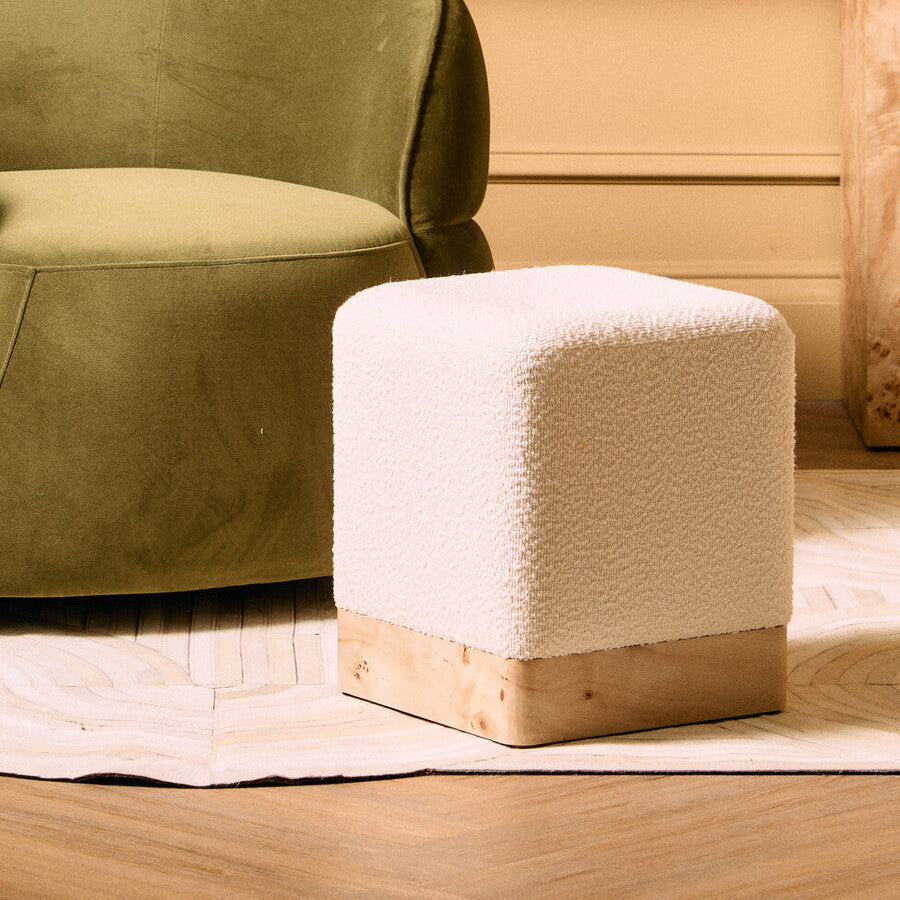 Mota Burl Wood And Cream Boucle Sqaure Stool