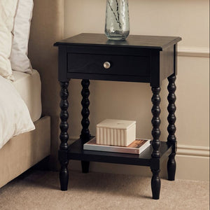 Heritage Black Wooden 1 Drawer Bedside Table with Bobble Legs