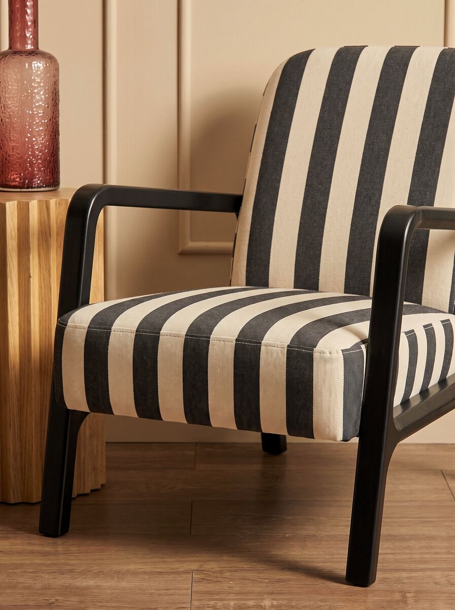 Parnay Black and White Stripe Armchair with Black Wooden Frame