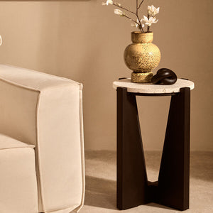 Winton Travertine Top Side Table With Acacia Wood Frame