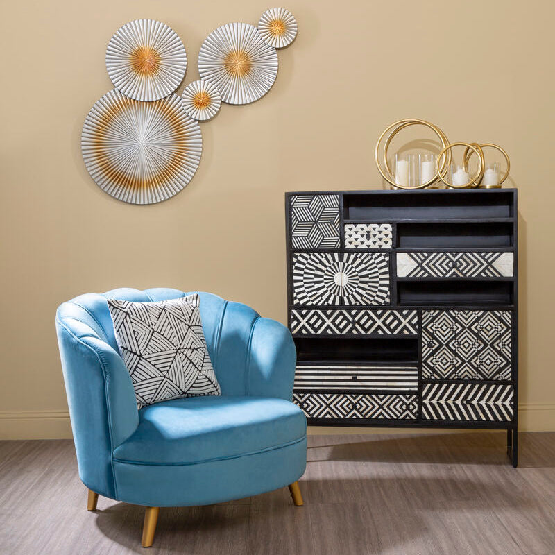 Orlina Blue Velvet Scalloped Curved Chair With Gold Wood Legs