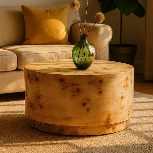 Wooden coffee table with a green vase and decorative items in a living room setting.