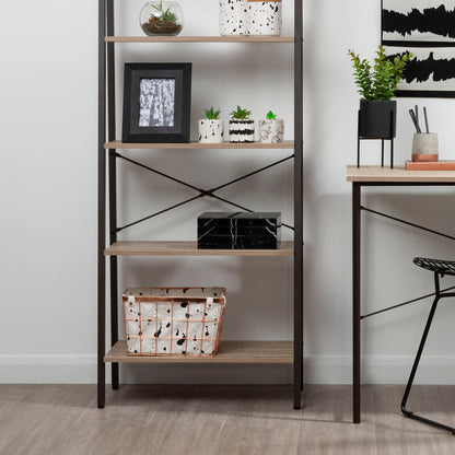 Tall bookshelf with decorative items in a room with a desk and wall art.