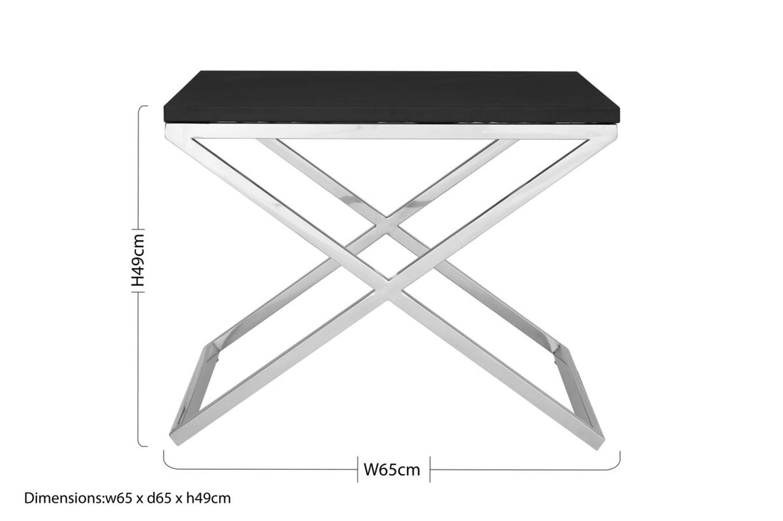 Black Leather Look End Table with Silver Stainless Steel Crisscross Legs, Tribute