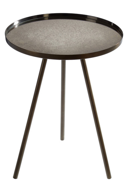 Black Finish Iron Metal Splayed Legs Side Table with Round Weathered Antique Glass Top, Corra