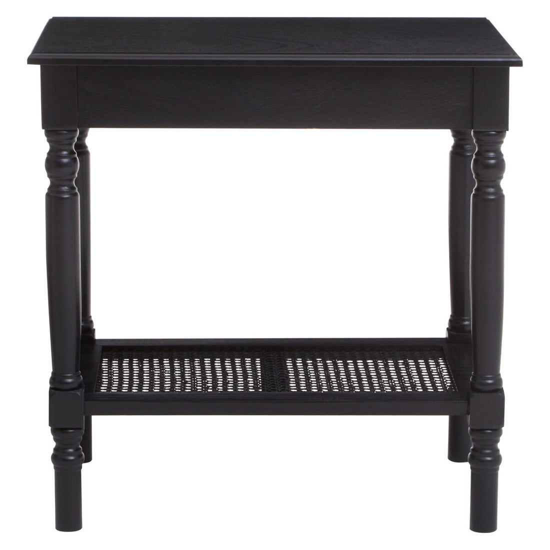 Antique Black Wooden Side Table with Cane Webbing Detail and Carved Spindle Legs, Heritage