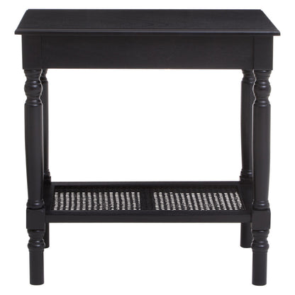 Antique Black Wooden Side Table with Cane Webbing Detail and Carved Spindle Legs, Heritage