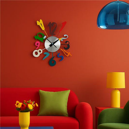 Colorful living room with a  decorative clock on an orange wall.