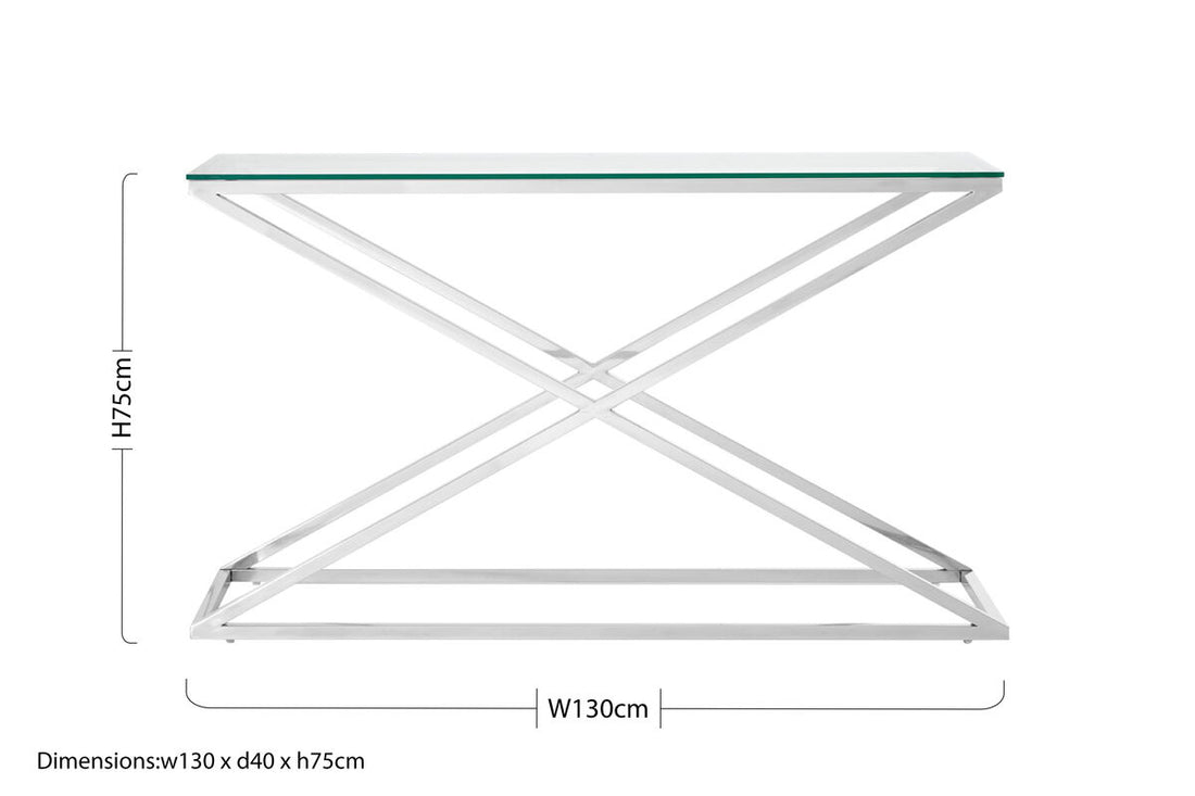 Clear Tempered Glass Top Console Table with Stainless Steel Criss Cross Base, Montril