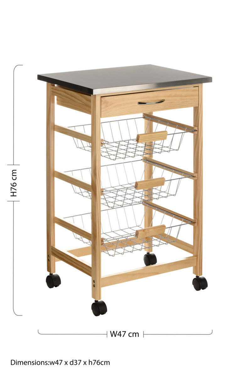 Harlow Glenn 3 Wire Baskets Pinewood Kitchen Trolley